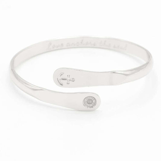 Silver anchor engraved cuff bracelet with oval charm plate and round seal