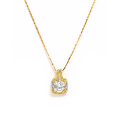 Gold halo necklace with round pendant and clear center stone