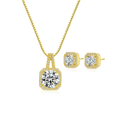 Gold halo pendant necklace and square halo stud earrings jewelry set