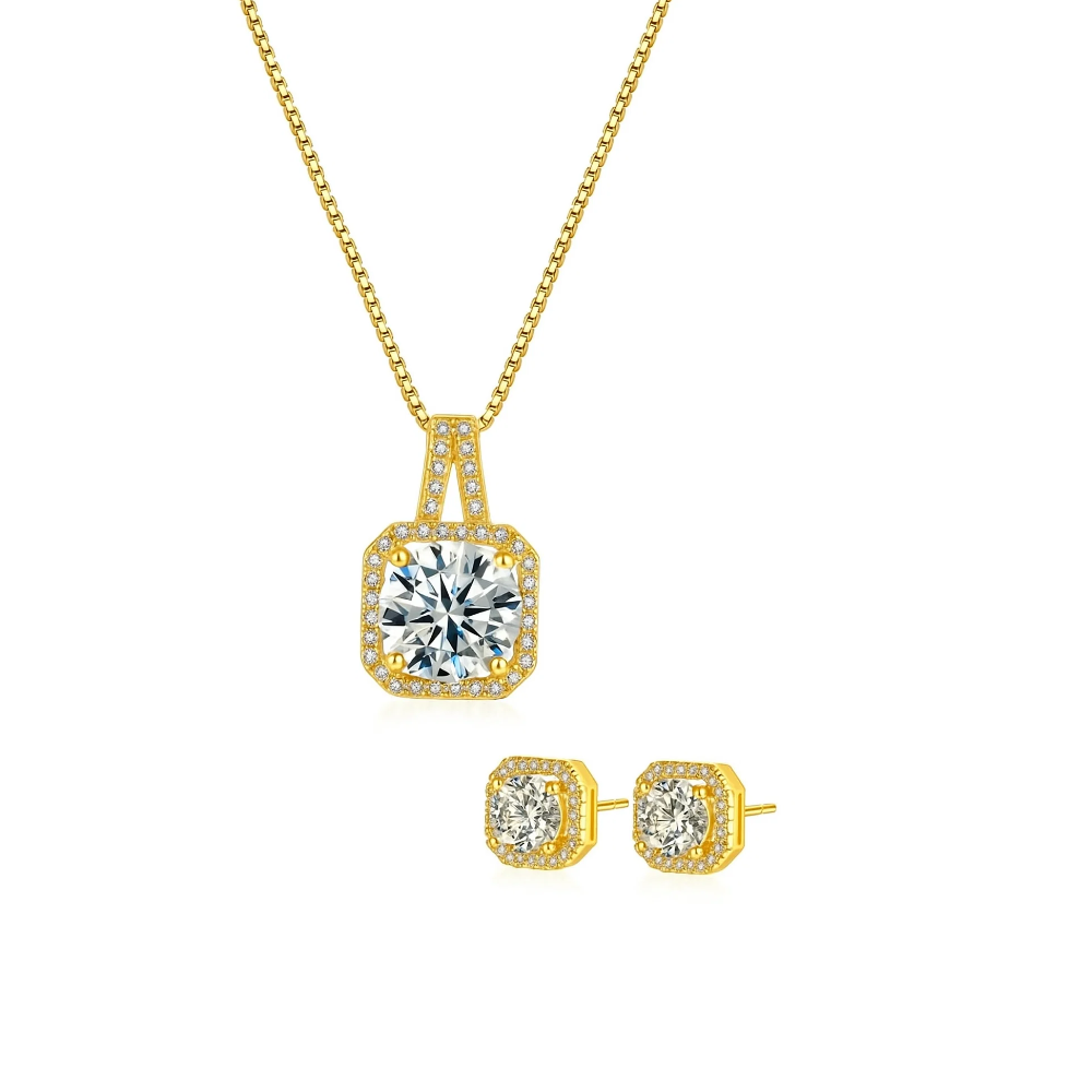 Gold halo pendant necklace with square crystal and matching gold stud earrings