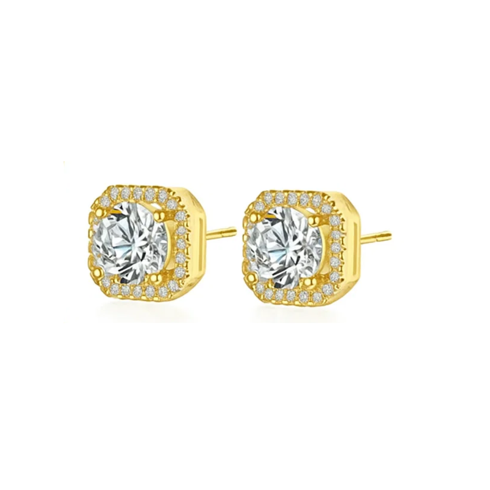 Gold halo stud earrings with clear center stones