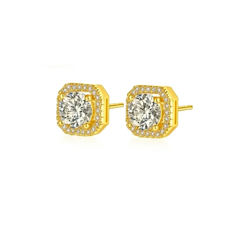 Gold halo stud earrings with round clear stones