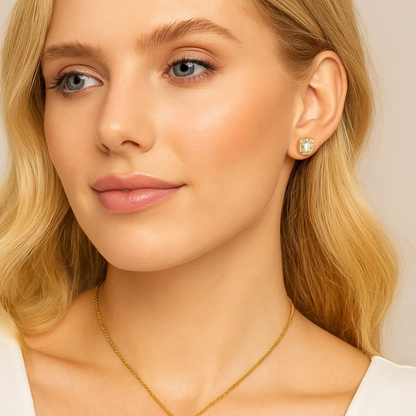 Gold halo stud earrings with square crystal center, Ariana-inspired set