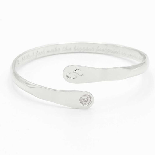 Silver baby footprint engraved bangle bracelet with circular hallmark charm
