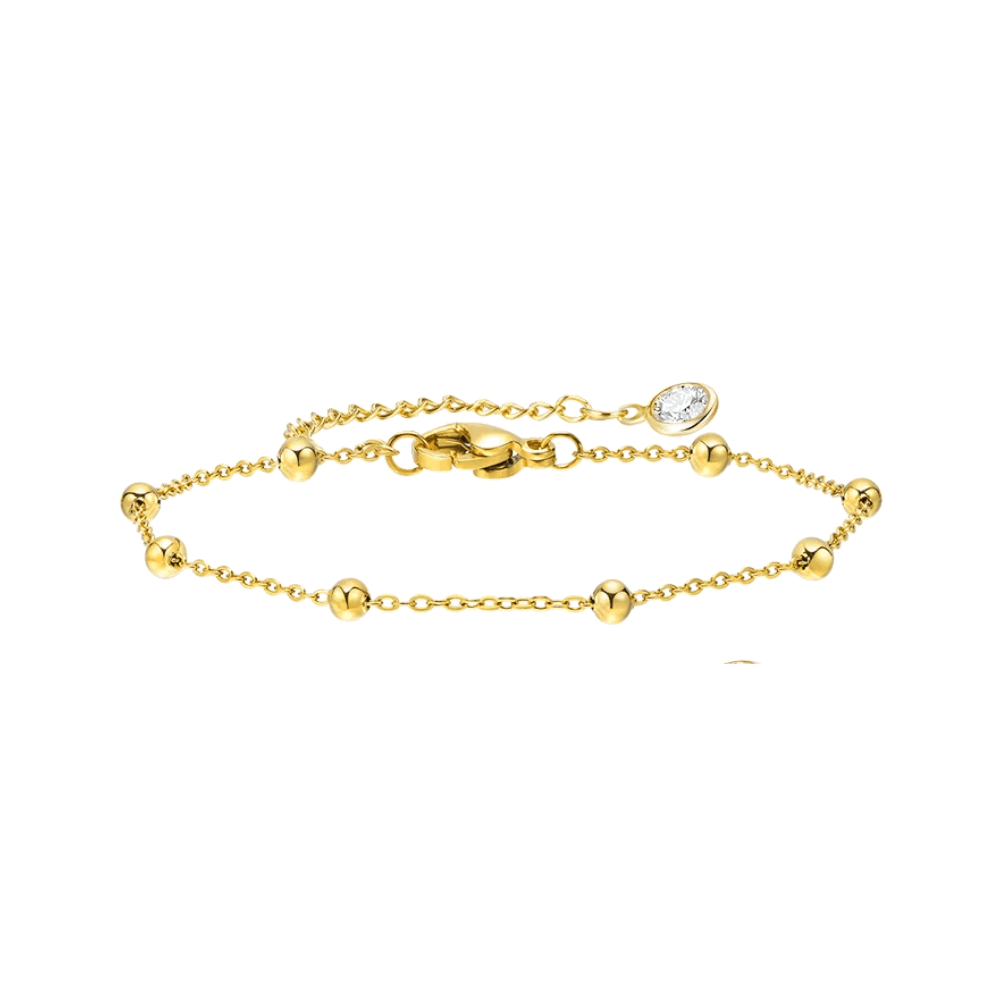 Gold-tone beaded link bracelet with adjustable chain and round crystal center