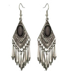 Boho dangle earrings with dark teardrop cat-eye stone and ornate silver fringe