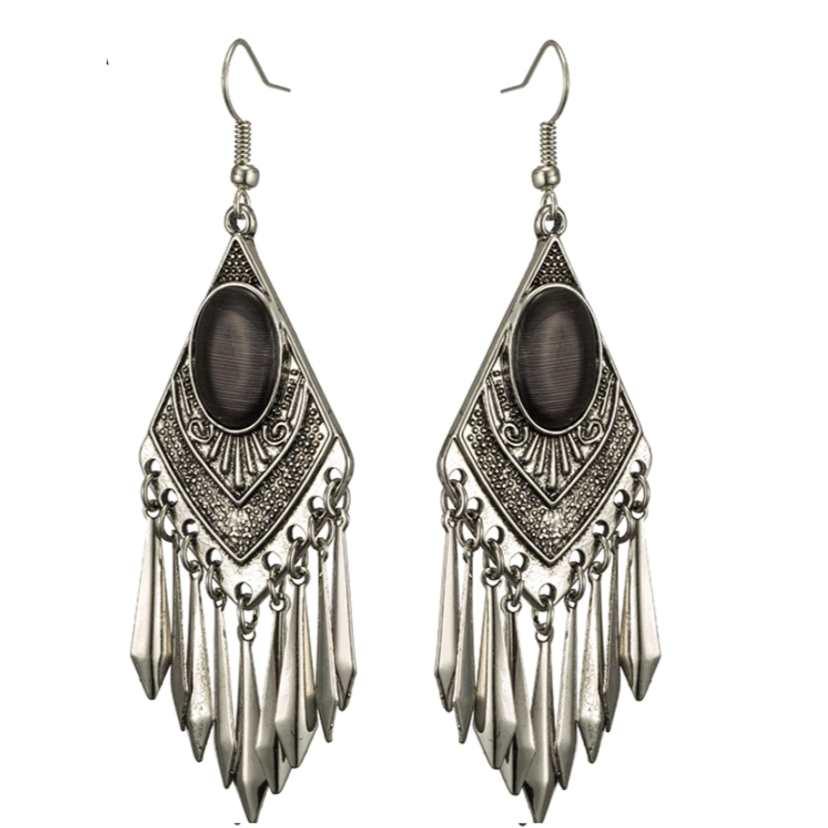 Black Cat's Eye Stone Boho Dangle Earrings