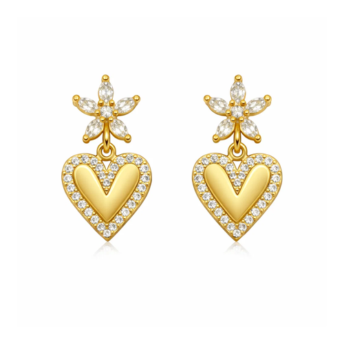 Gold-tone heart drop earrings with crystal teardrop center and heart charms