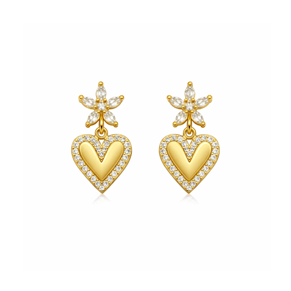 Gold-tone heart drop earrings with crystal flower and dangling heart charm