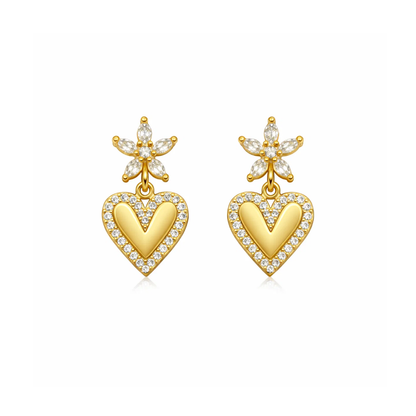 Gold-tone heart drop earrings with crystal flower and dangling heart charm
