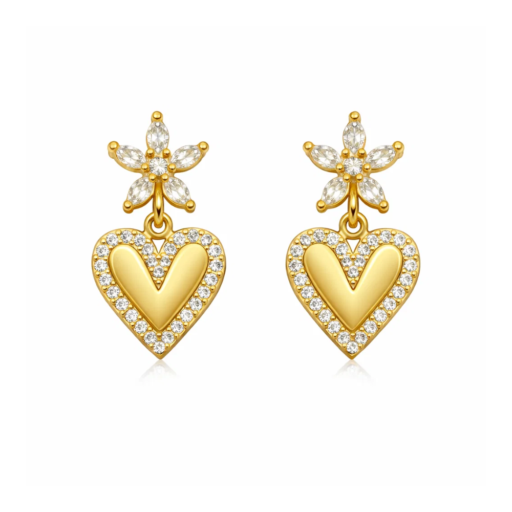 Gold-tone heart drop earrings with crystal teardrop center and heart charms