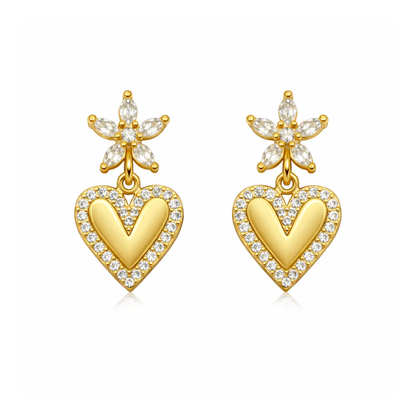 Gold-tone heart drop earrings with crystal teardrop center and heart charms