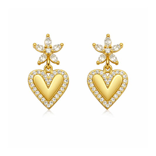 Gold-tone heart drop earrings with crystal teardrop center and heart charms
