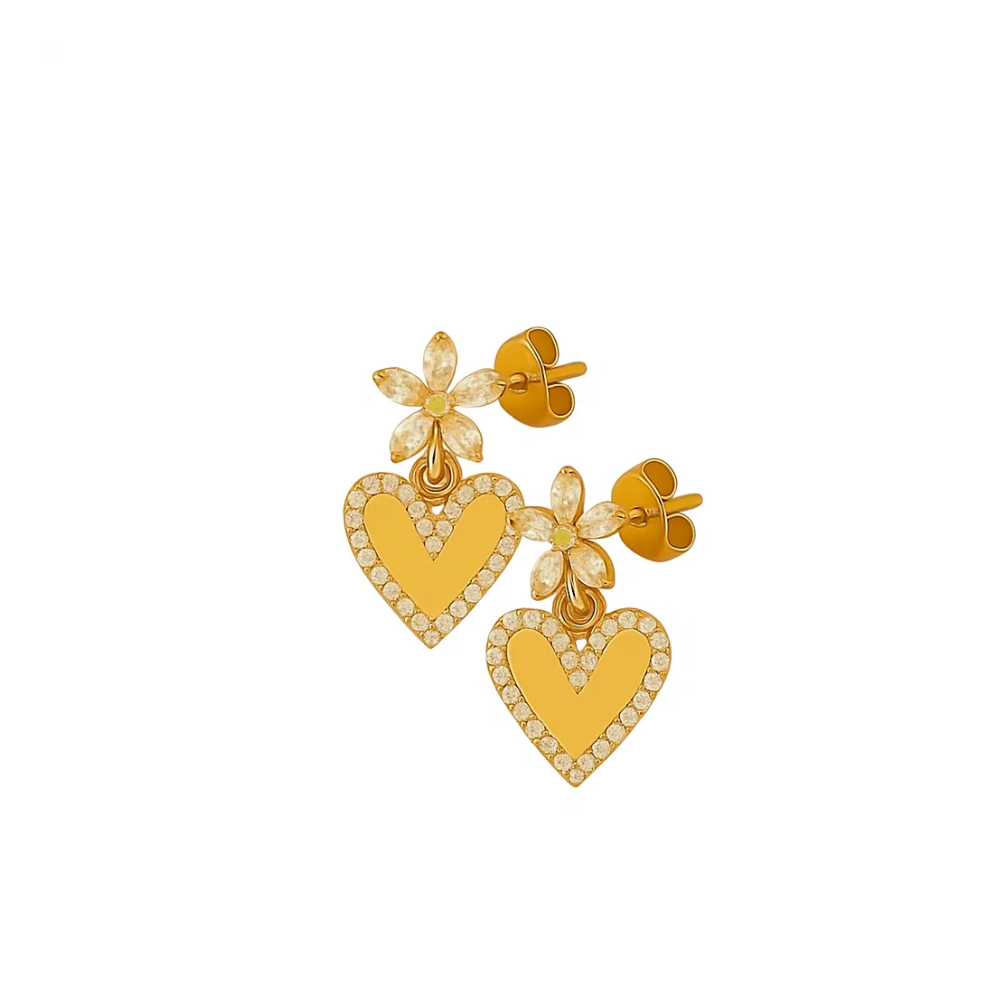 Gold heart drop earrings pair with floral crystal tops and heart charms