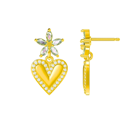 Gold heart drop earrings with floral crystal top and pave heart charm
