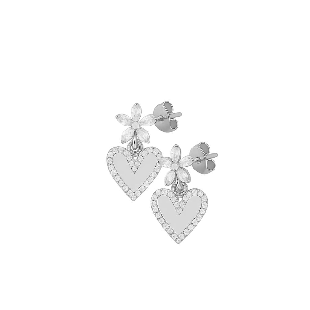 Silver heart drop earrings pair with floral crystal tops and heart charms