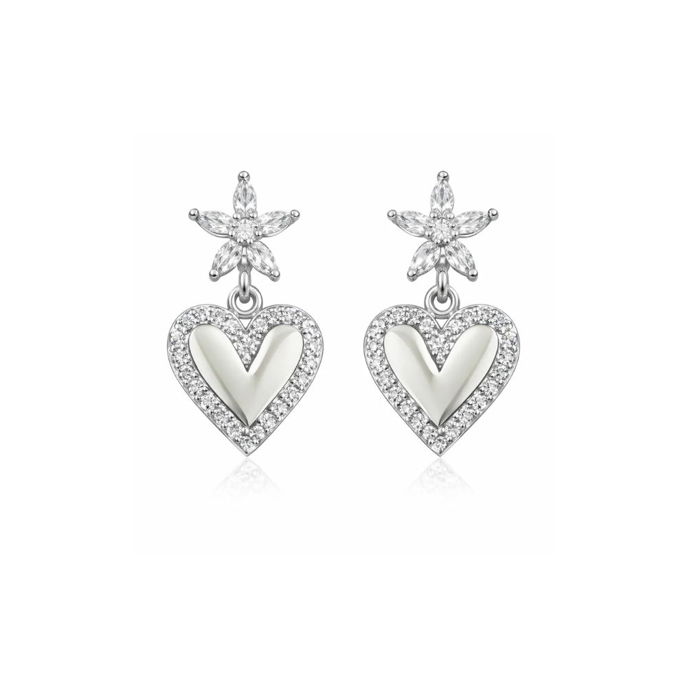 Silver heart drop earrings pair with starburst top, heart dangle, stud posts