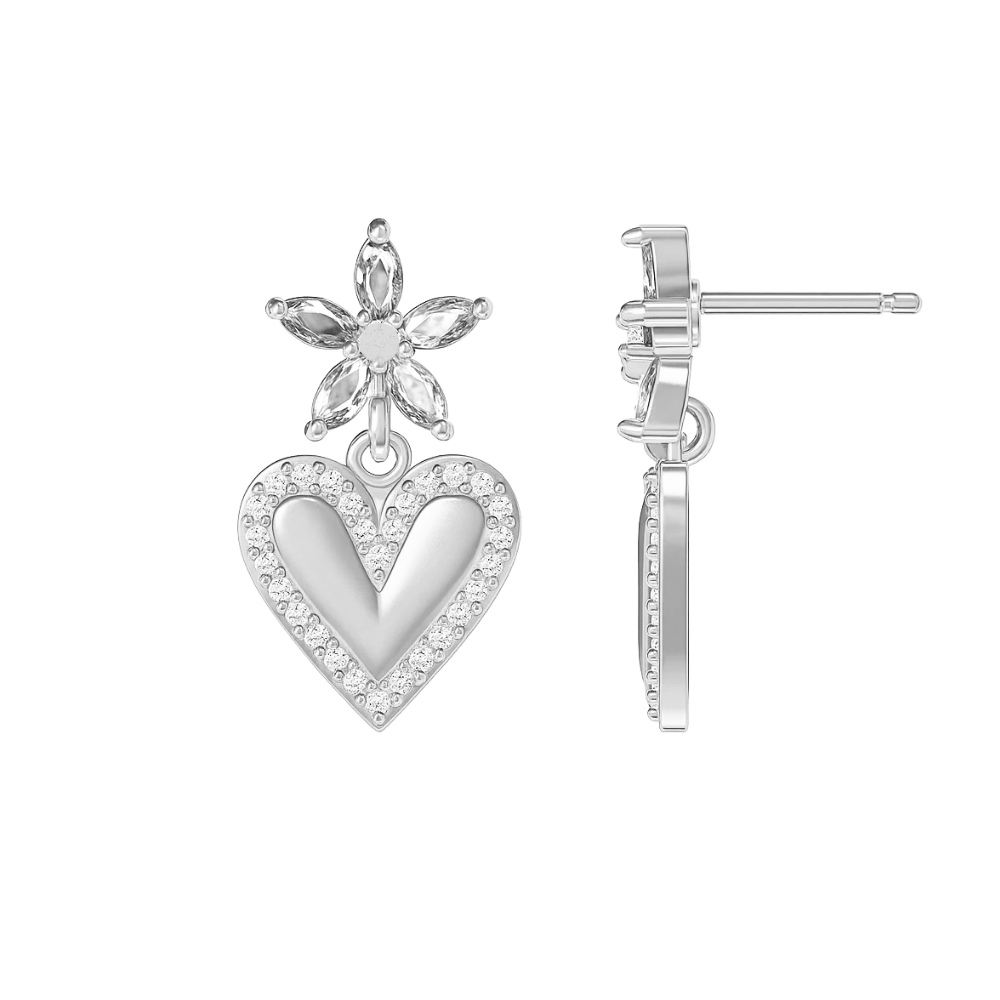 Silver heart drop earrings with floral crystal top and pave heart charm