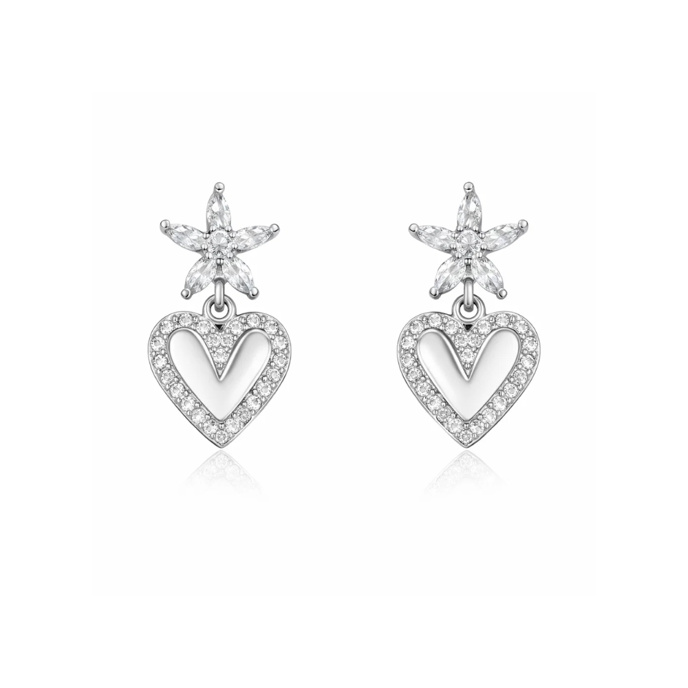 Silver heart drop earrings with starburst top and pave heart charm, clear stones