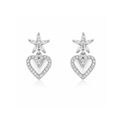Silver heart drop earrings with starburst top and pave heart charm, clear stones