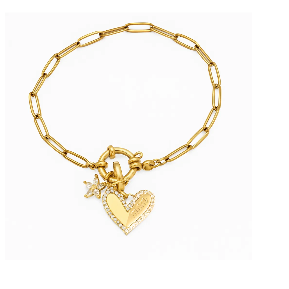 Gold chain bracelet with heart charm and sparkling details, lobster clasp closure
