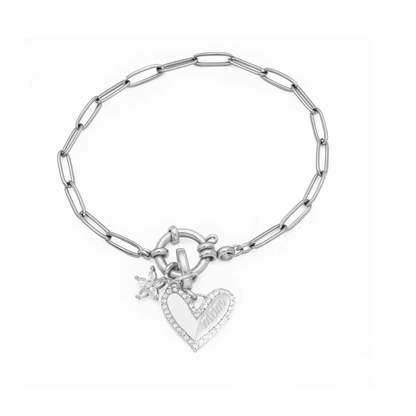 Silver chain bracelet with heart charm and sparkle accents, lobster clasp closure