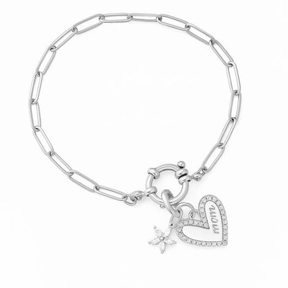 Silver chain bracelet with heart charm and star sparkle, close-up on clasp side