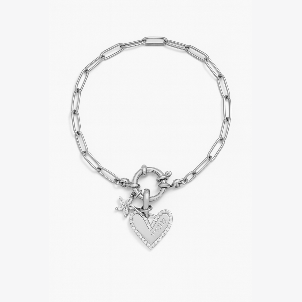Silver heart charm chain bracelet with crossed-link center and sparkle accents