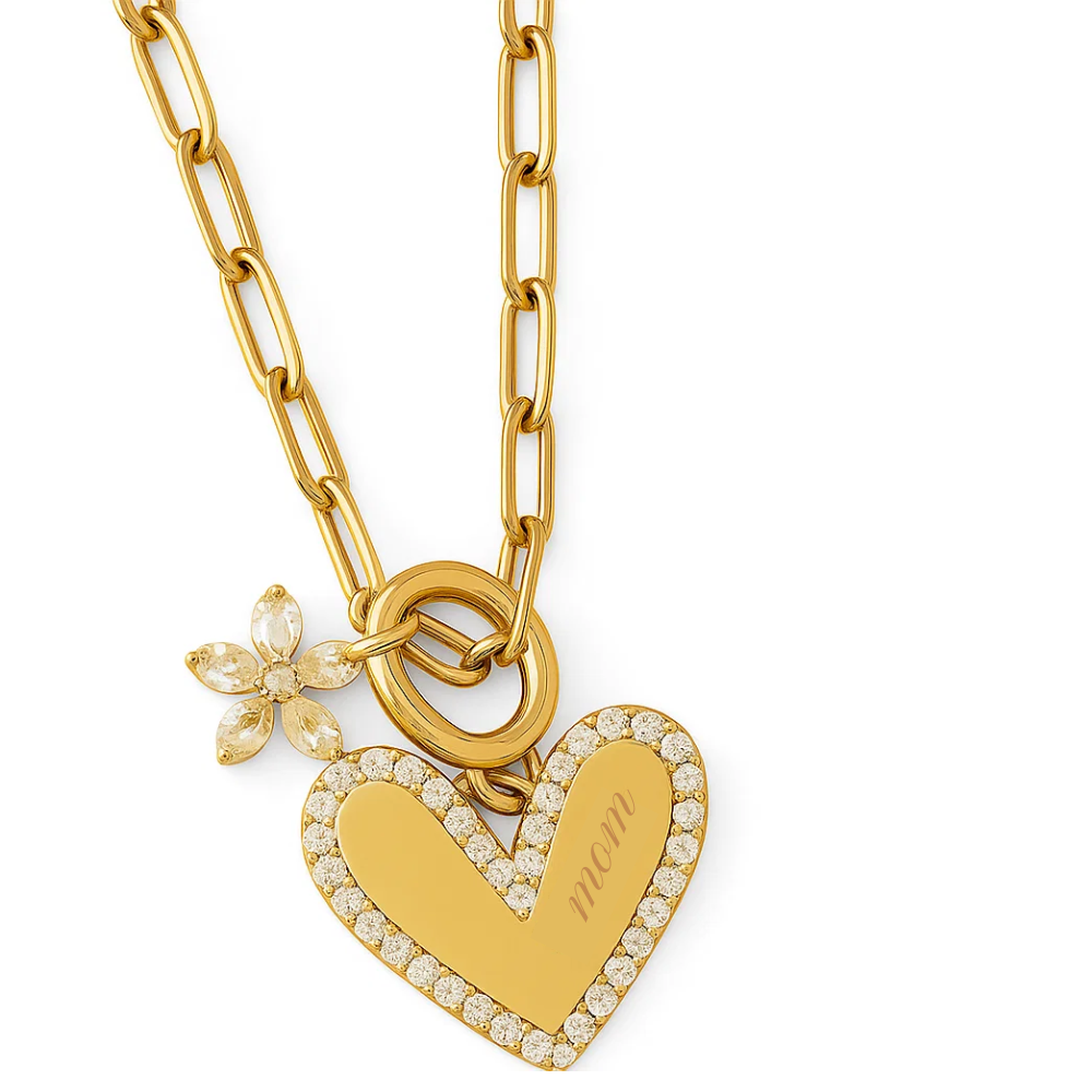 Gold chain necklace with heart pendant, MOM engraving, and flower charm