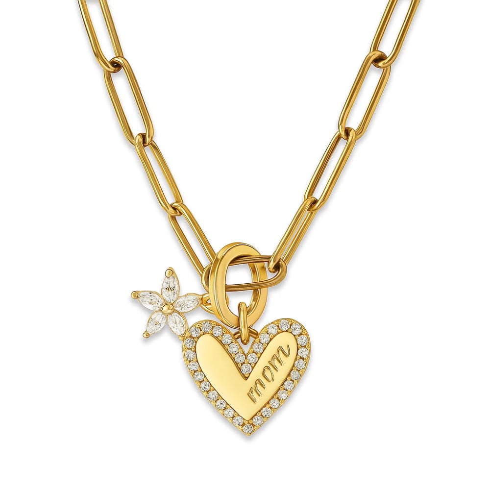 Gold chain necklace with heart pendant, MOM engraving, and flower charm