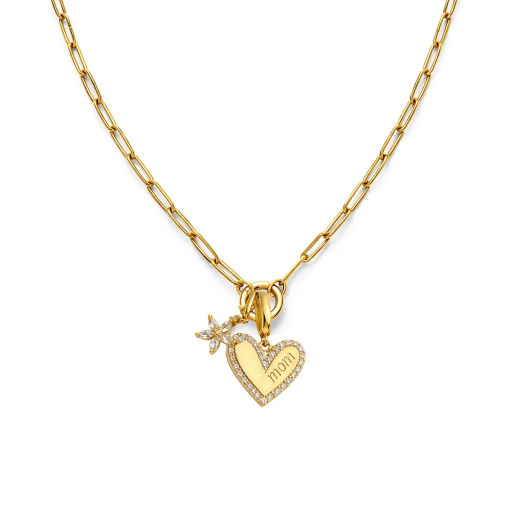 Gold heart charm necklace with flower charm and MOM text pendant on linked chain