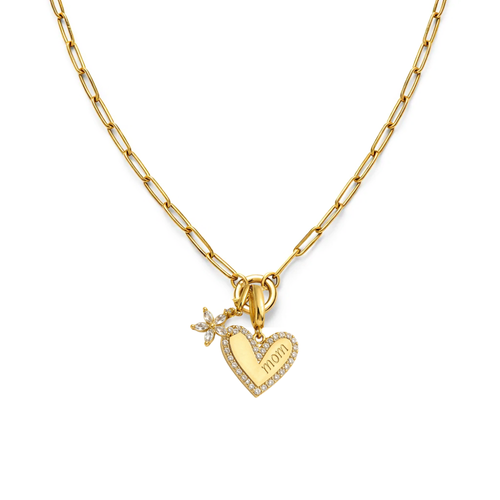 Gold heart charm necklace with flower charm and MOM text pendant on linked chain