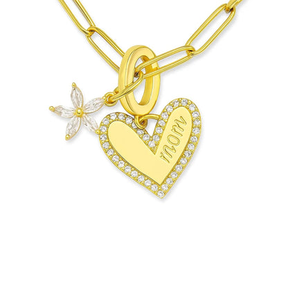 Gold heart necklace with MOM charm and flower pendant