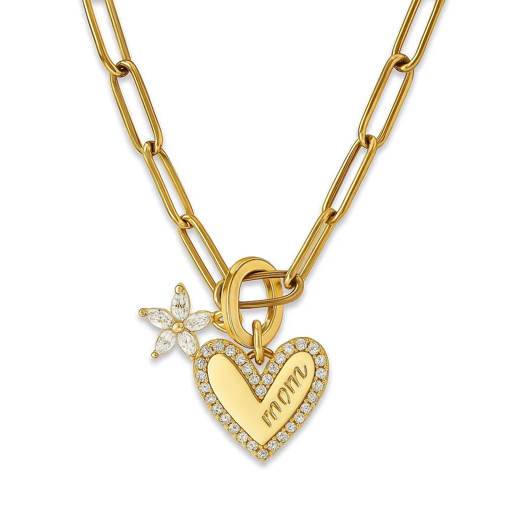 Gold heart pendant necklace with engraved MOM in link frame and flower charm