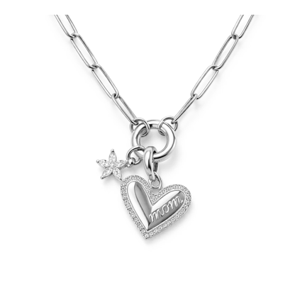 Silver heart charm necklace with flower detail and MOM text pendant on chain