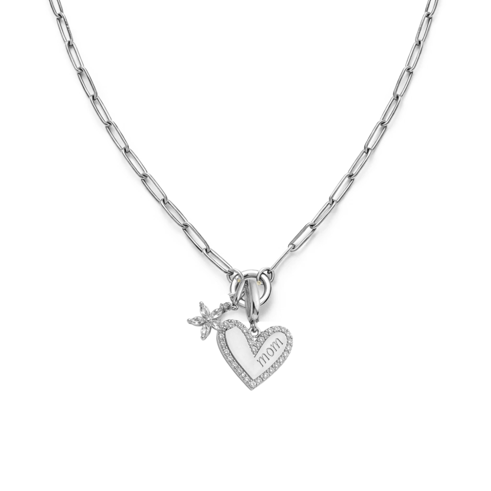 Silver heart charm necklace with small flower and MOM text pendant on chain