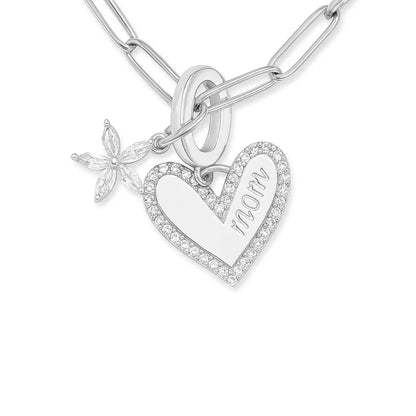 Silver heart necklace with MOM pendant and flower charm