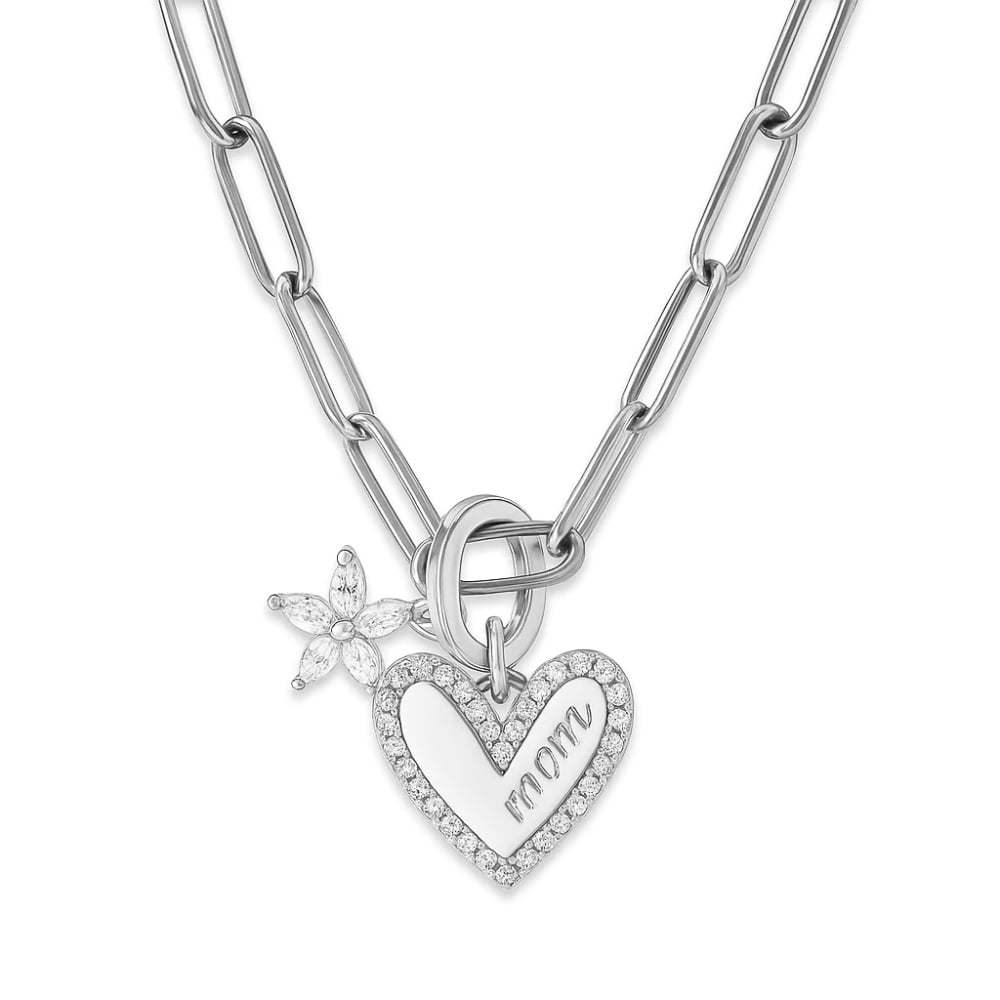 Silver heart pendant necklace with flower charm and MOM script detail