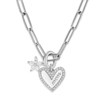 Silver heart pendant necklace with flower charm and MOM script detail