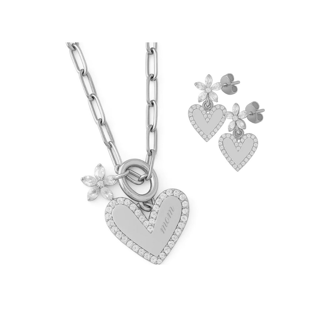Silver heart pendant necklace with crystal heart charms and flower stud earrings