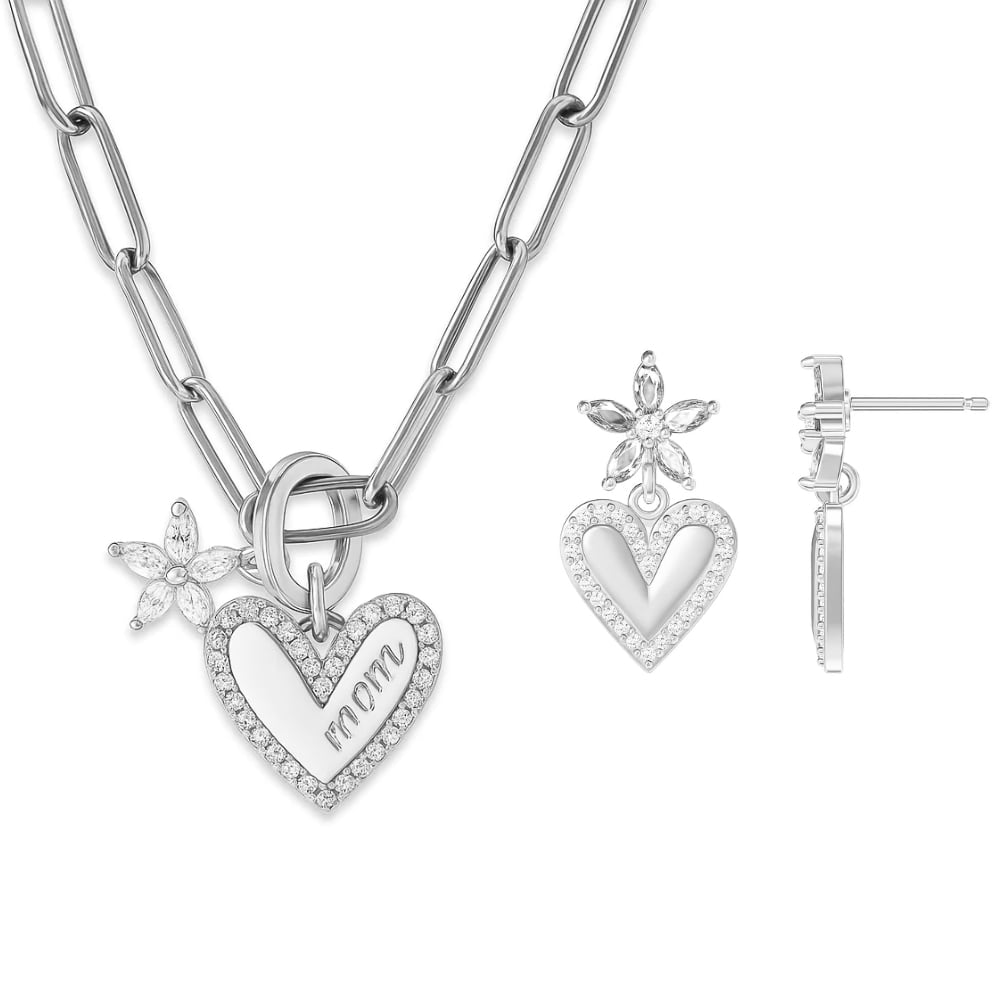 Silver heart pendant necklace with flower accents and matching crystal earrings