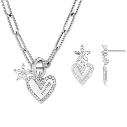 Silver heart pendant necklace with flower accents and matching crystal earrings