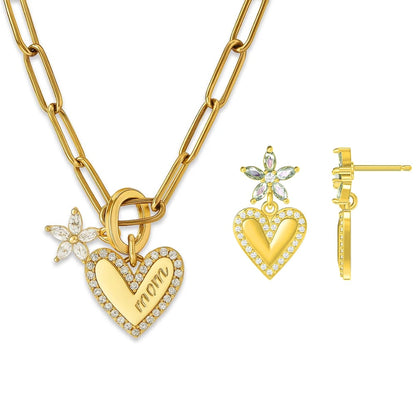 Gold heart pendant necklace with flower accents and matching crystal earrings