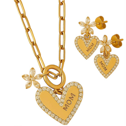 Gold heart pendant necklace with flower charm plus heart-shaped stud earrings