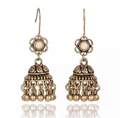 Gold-tone boho dangle earrings with round center and tiered jhumka charms