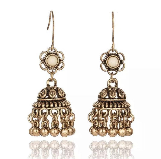 Gold-tone boho dangle earrings with round center and tiered jhumka charms