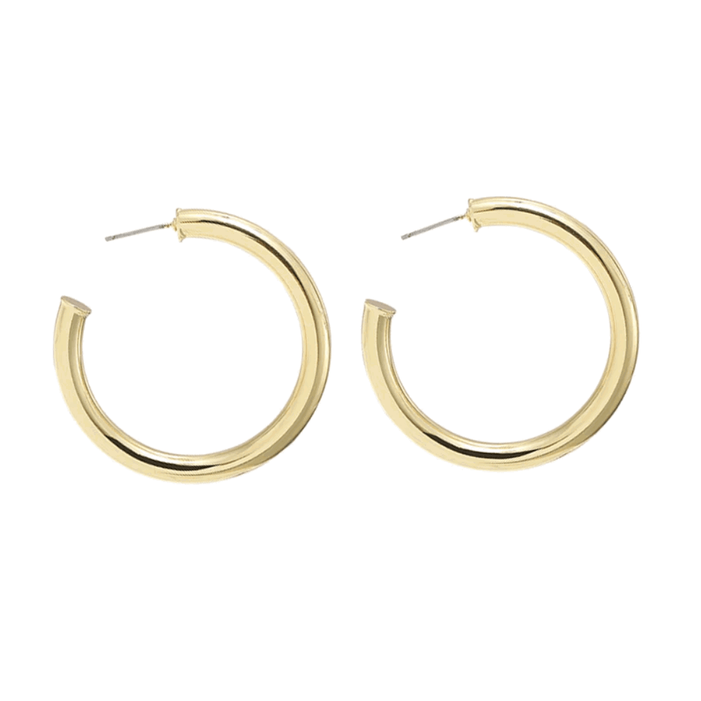 Large gold-tone round hoop earrings with pin clasp and hinged closure, pair.