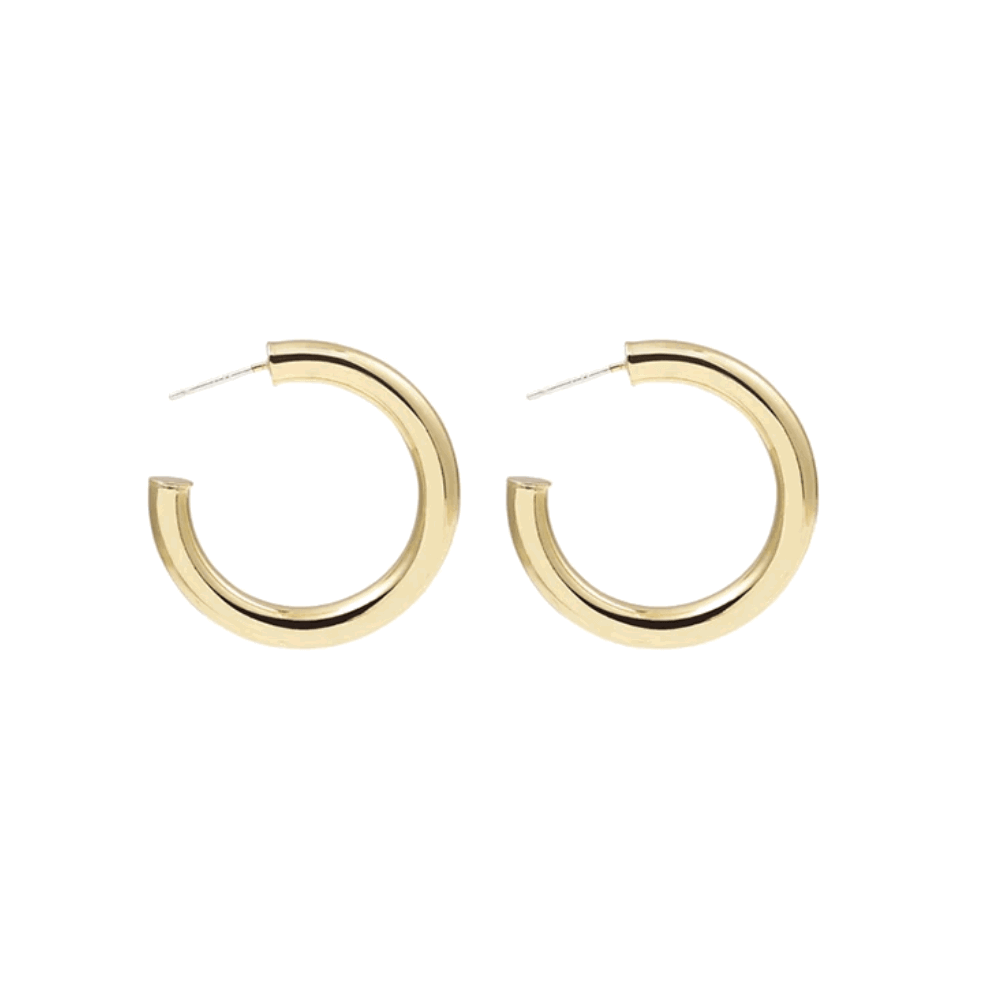 Medium gold-tone round hoop earrings with pin clasp and hinged closure, pair.