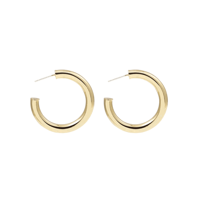 Medium gold-tone round hoop earrings with pin clasp and hinged closure, pair.