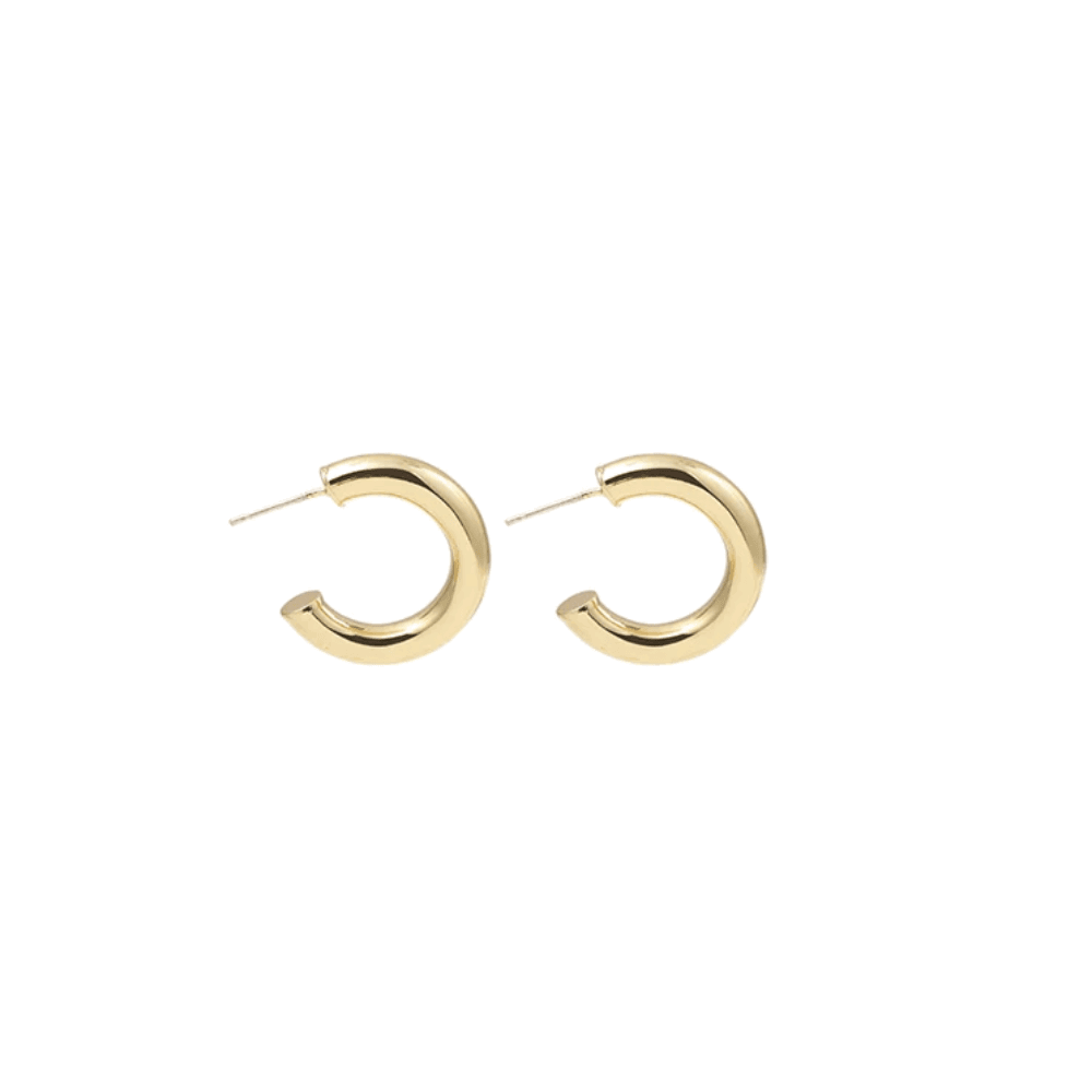 Small gold-tone round hoop earrings with pin clasp and hinged closure, pair.